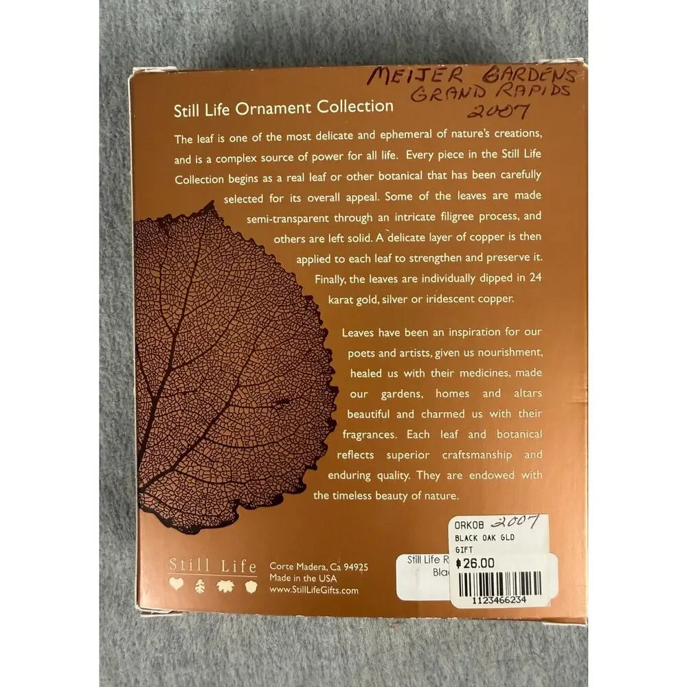 Still Life Real Leaf Ornament Black Oak Gold Dipped 2007 in Original Box